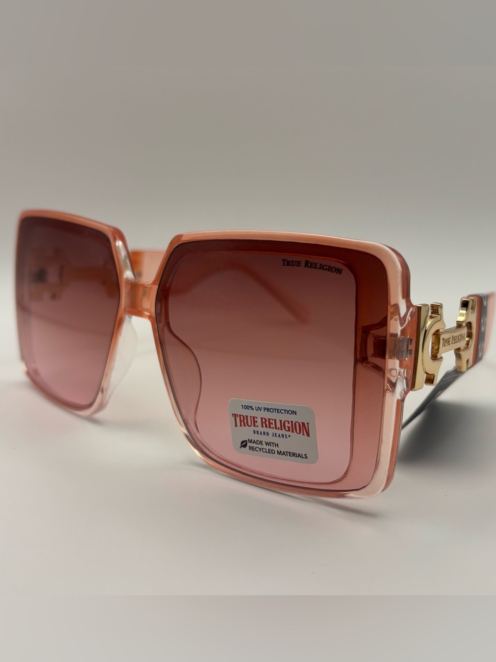 True Religion Oversized Square Sunglasses Pink Gold Logo NWT